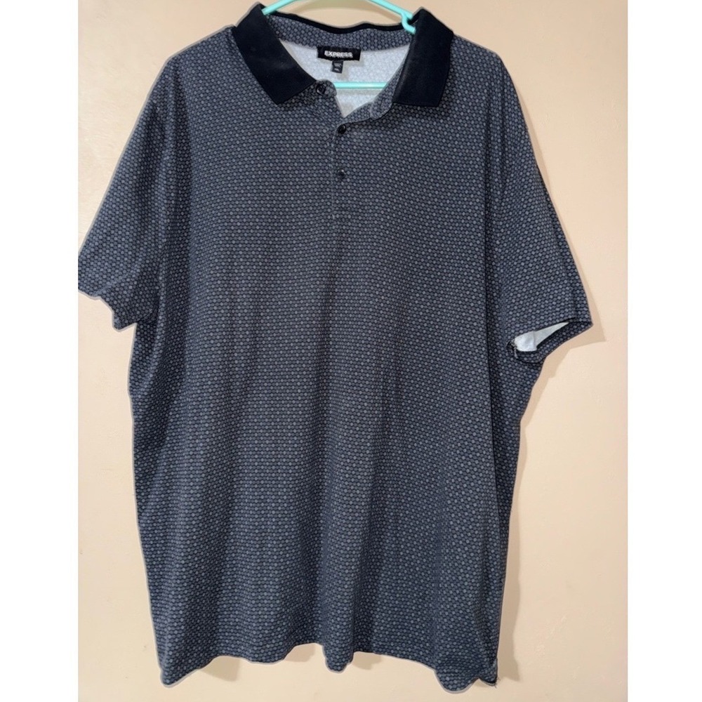 Express Mens XXL Polo Shirt Grey Black Geometric Pattern Short Sleeve Stretch